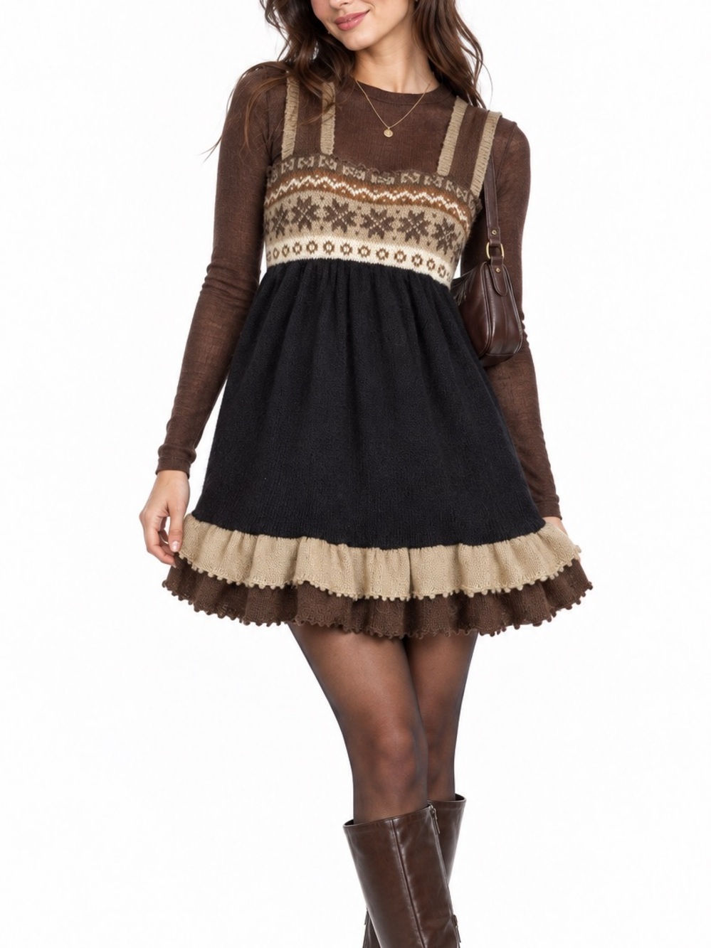 Carolina K XS Alpaca Merino Wool Fair Isle Babydoll Mini Dress Boho Cottagecore